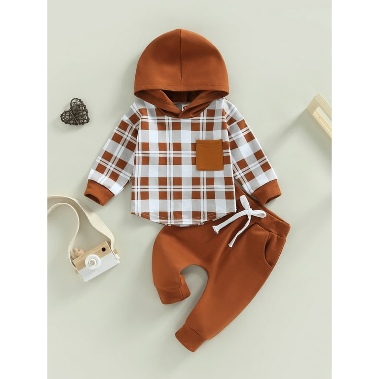 2Pcs Toddler Baby Boys Girls Fall Winter Outfits Plaid Shirt Suit Clothes  Long Sleeve Hooded Jacket + Pants Set Spring 