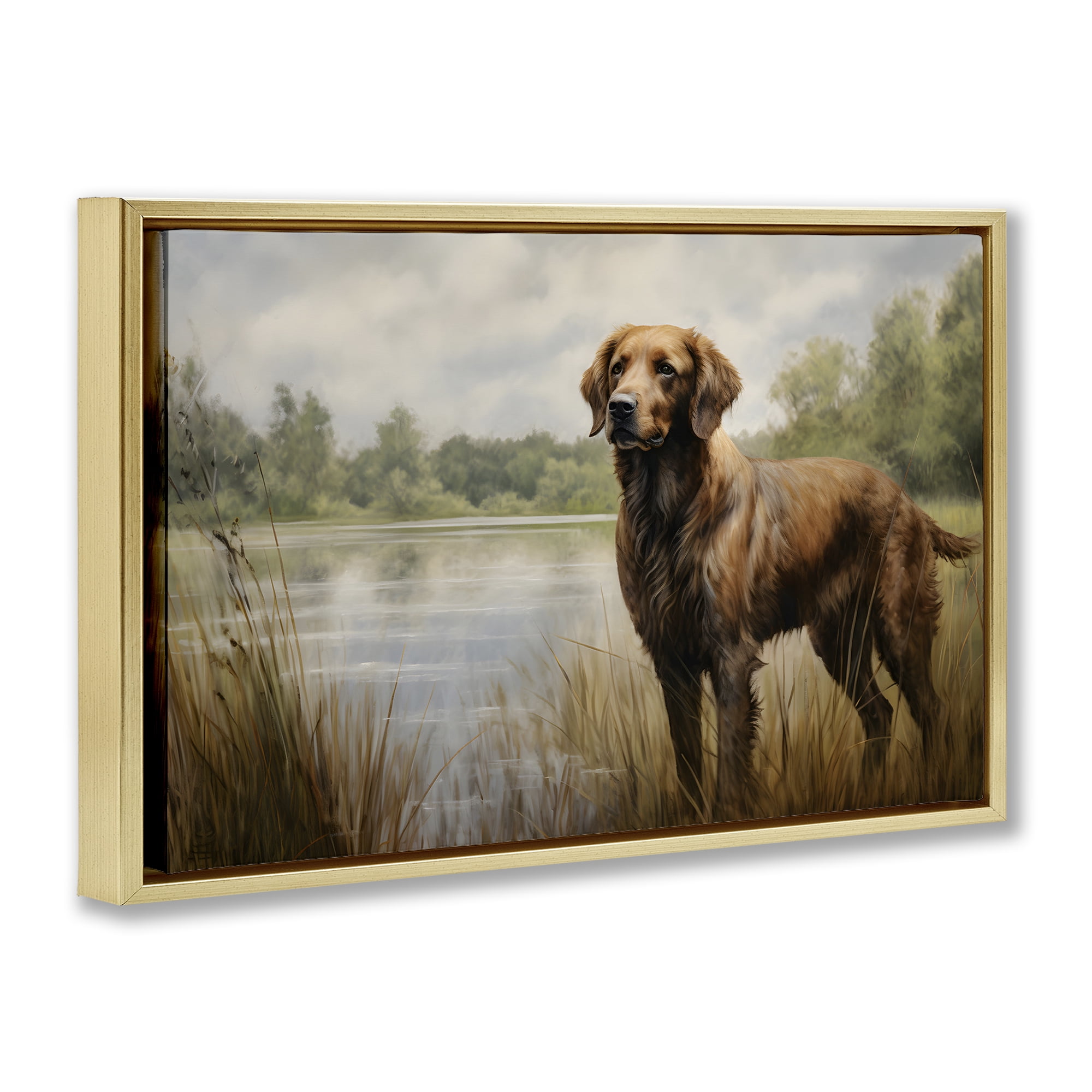 Stupell Industries Retriever Dog & Pond Landscape Painting Gold Floater Framed Canvas Art Print Wall Art, 31 x 21