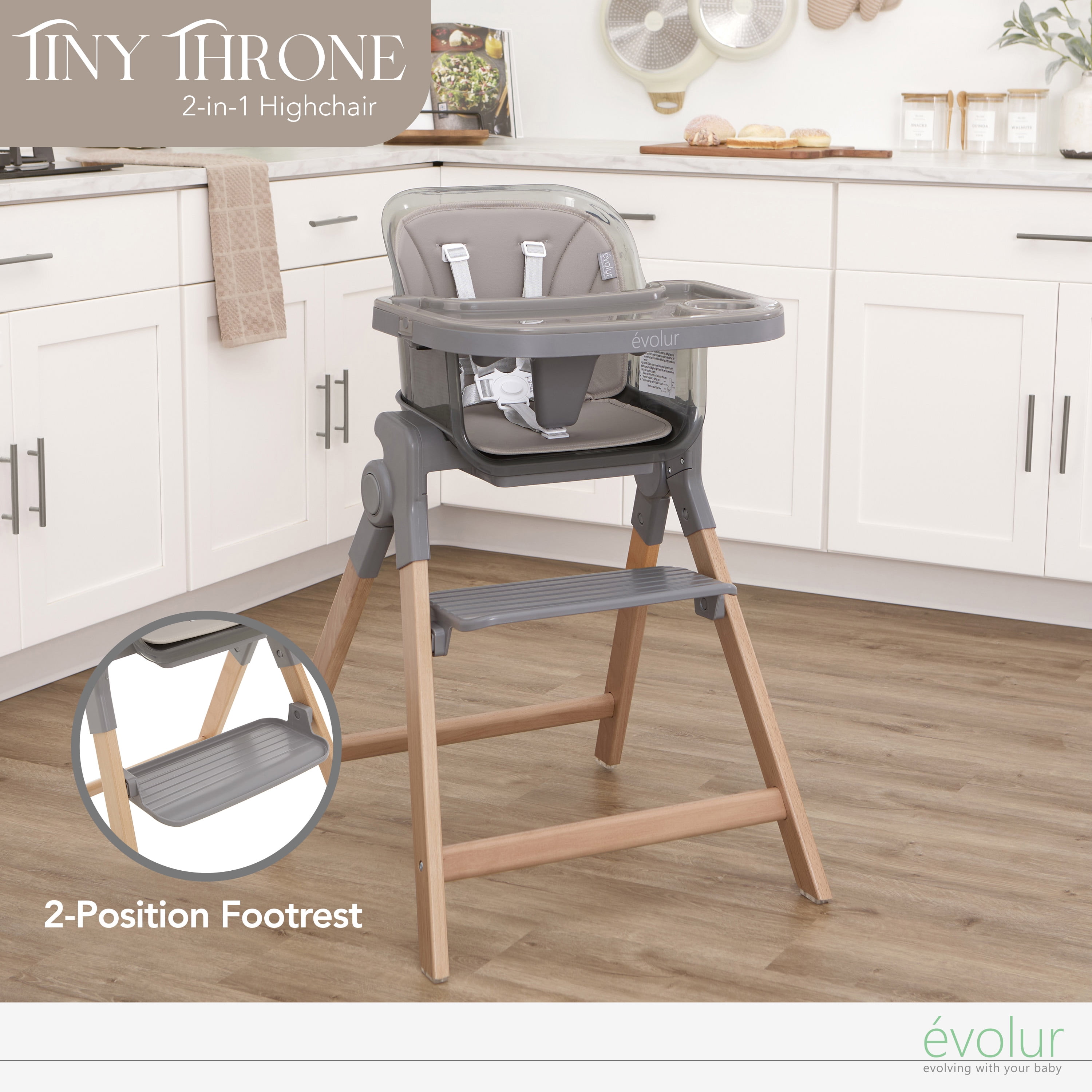 Evolur Tiny Throne 2-in-1 Portable High chair in Fossil Gray, Baby High Chair Converts into Booster Seat & Adult Stool, Removable Tray and Easy To Clean