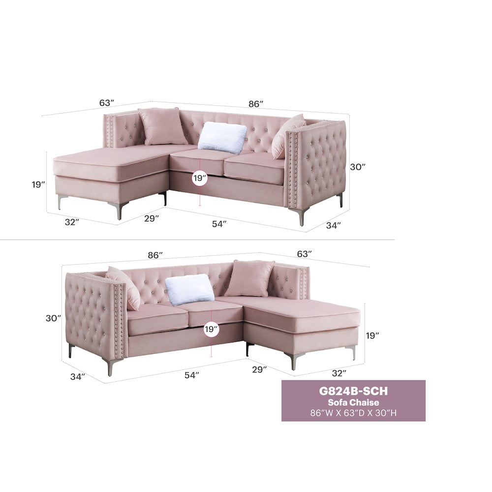 Glory Furniture Paige Sofa Chaise in Pink Color