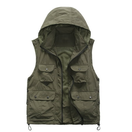 Olyvenn Men s Outdoor Multi-Pocket Fishing Vest with Hood Lightweight Breathable Mesh Fall Photographer Waistcoat Travel Safari Vest Green 6