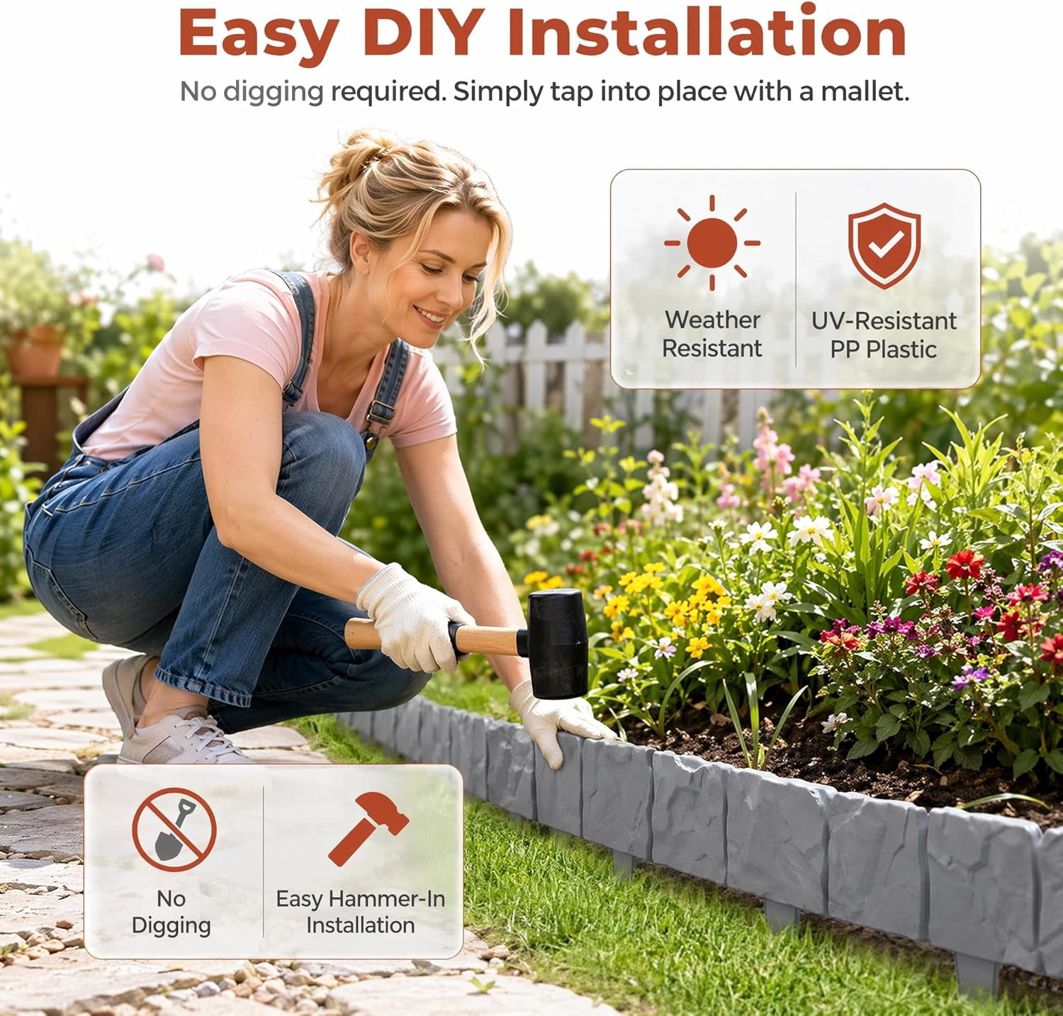 Imitation Stone Garden Fence - DIY Garden Edging Border, Decorative Landscape Edging Interlocking Plastic Lawn for Flower Bed, Pathway, DIY Outdoor Yard Decor, Weather Resistant (10, Brick Red)