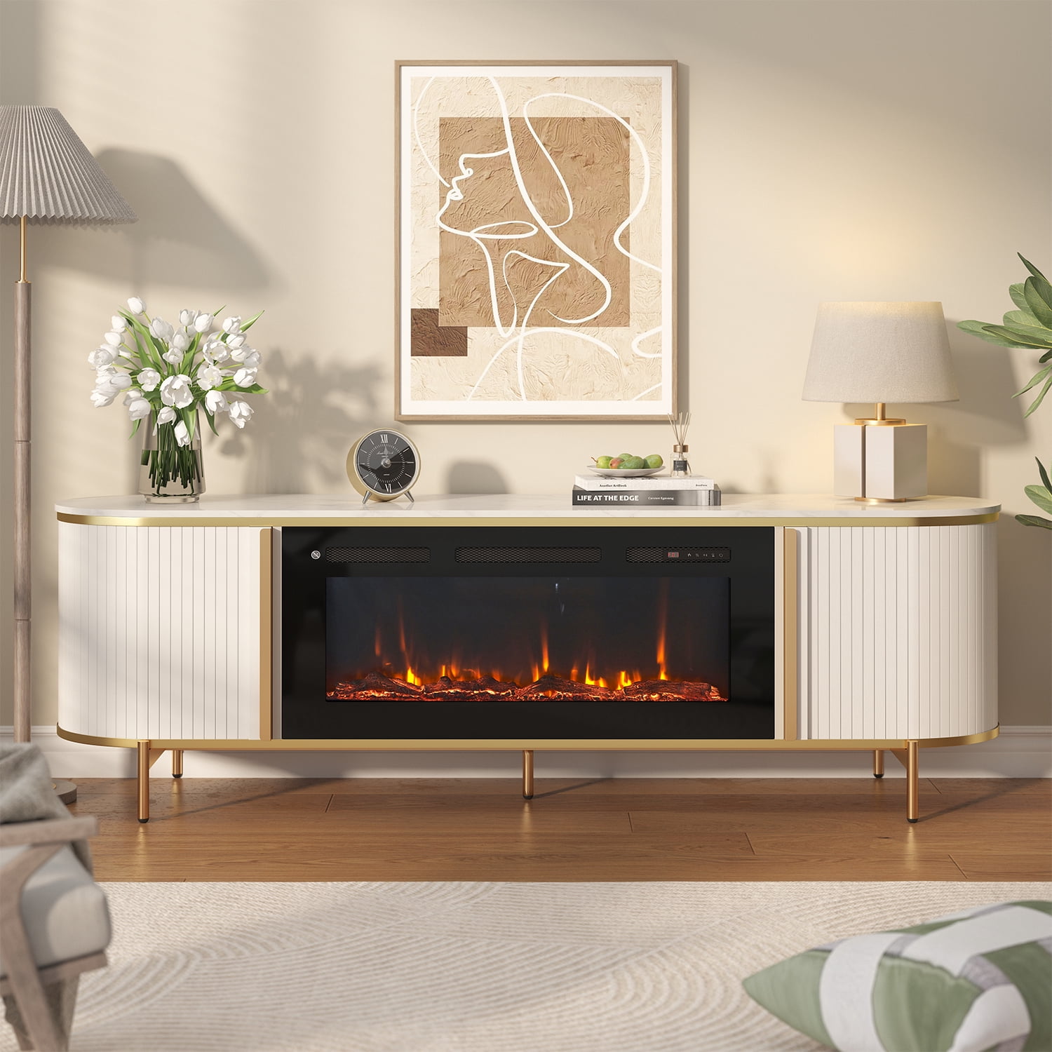 Sonegra 70" Fireplace TV Stand, Modern Entertainment Center for TVs Up to 80", TV Console Table for Living Room, Media Cabinet with Storage,70 Inch, White
