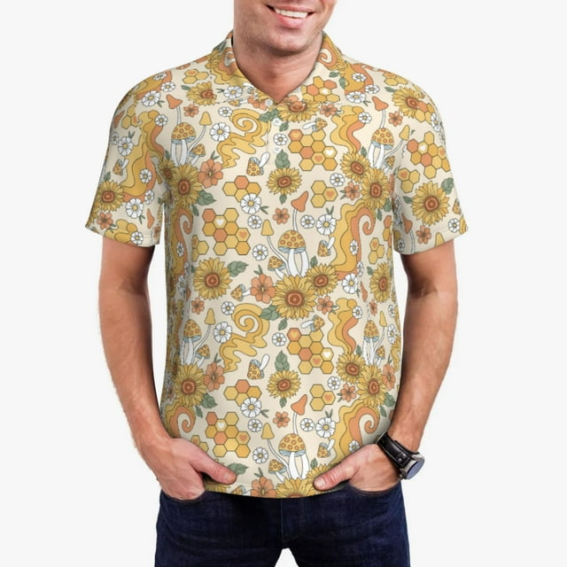 Fotbe Retro 70s 60s Flower Camiseta Polo de Golf para Hombre con Estampado – Camisa Deportiva Transpirable con Cuello Abotonado-4X-Large