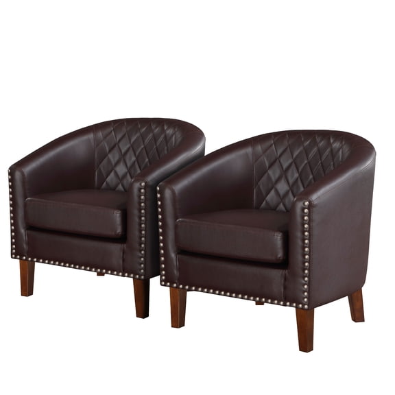 TrumanPick Accent Chair, Comfy Barrel Chair Set of 2 Faux Leather Cozy Reading Armchair for Living Room, Brown