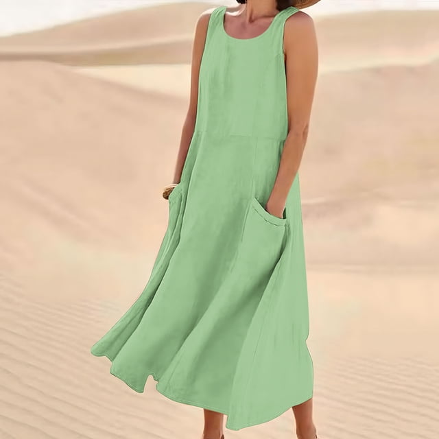 LSLJS Robe Longue Sans Manches en Coton et Lin Col Rond Couleur Unie avec Poche, Robe d'Été Plage