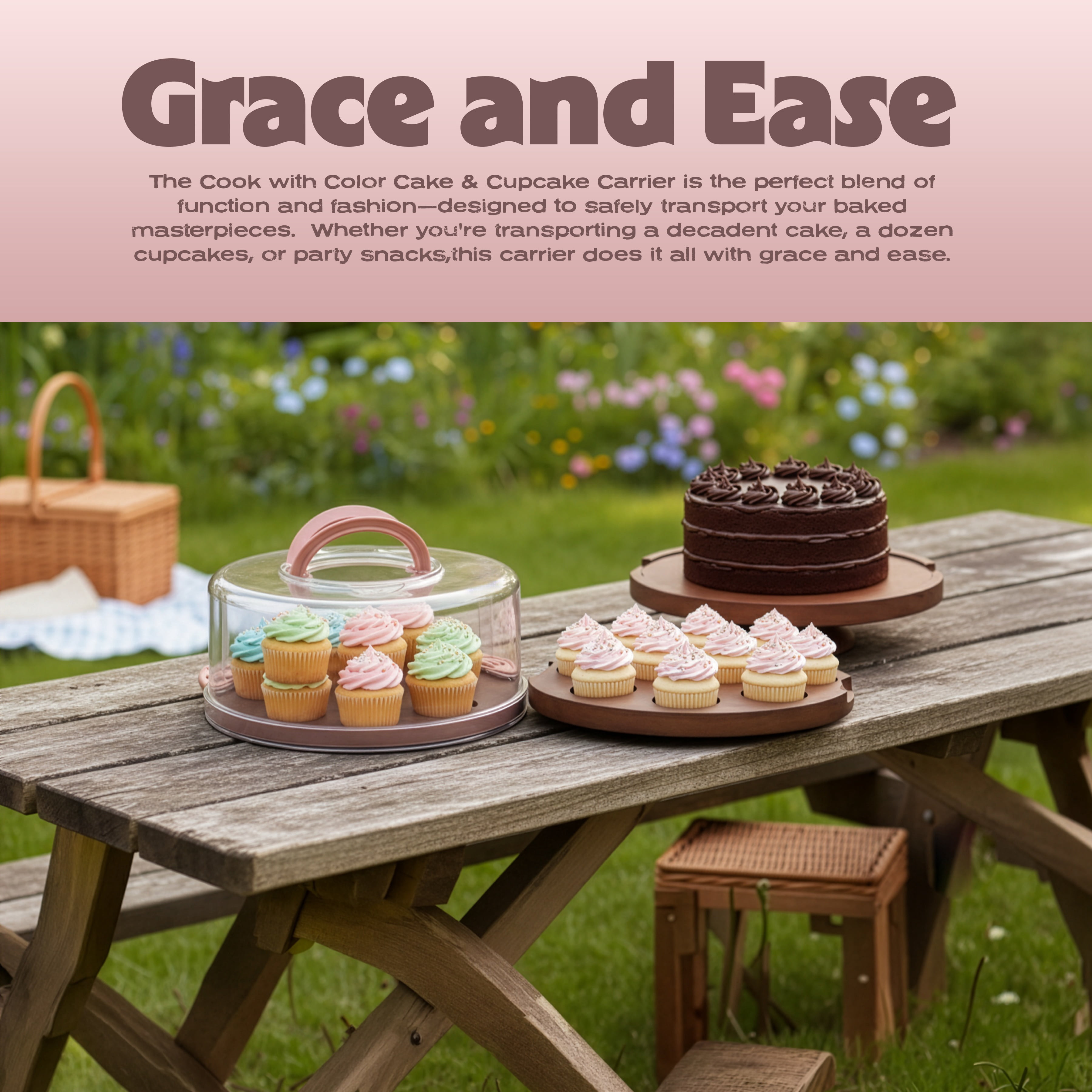 Cook with Color Dark Walnut Wood Cake and Cupcake Carrier, 2-in-1 Reversible Tray with Locking Lid, Dark Walnut