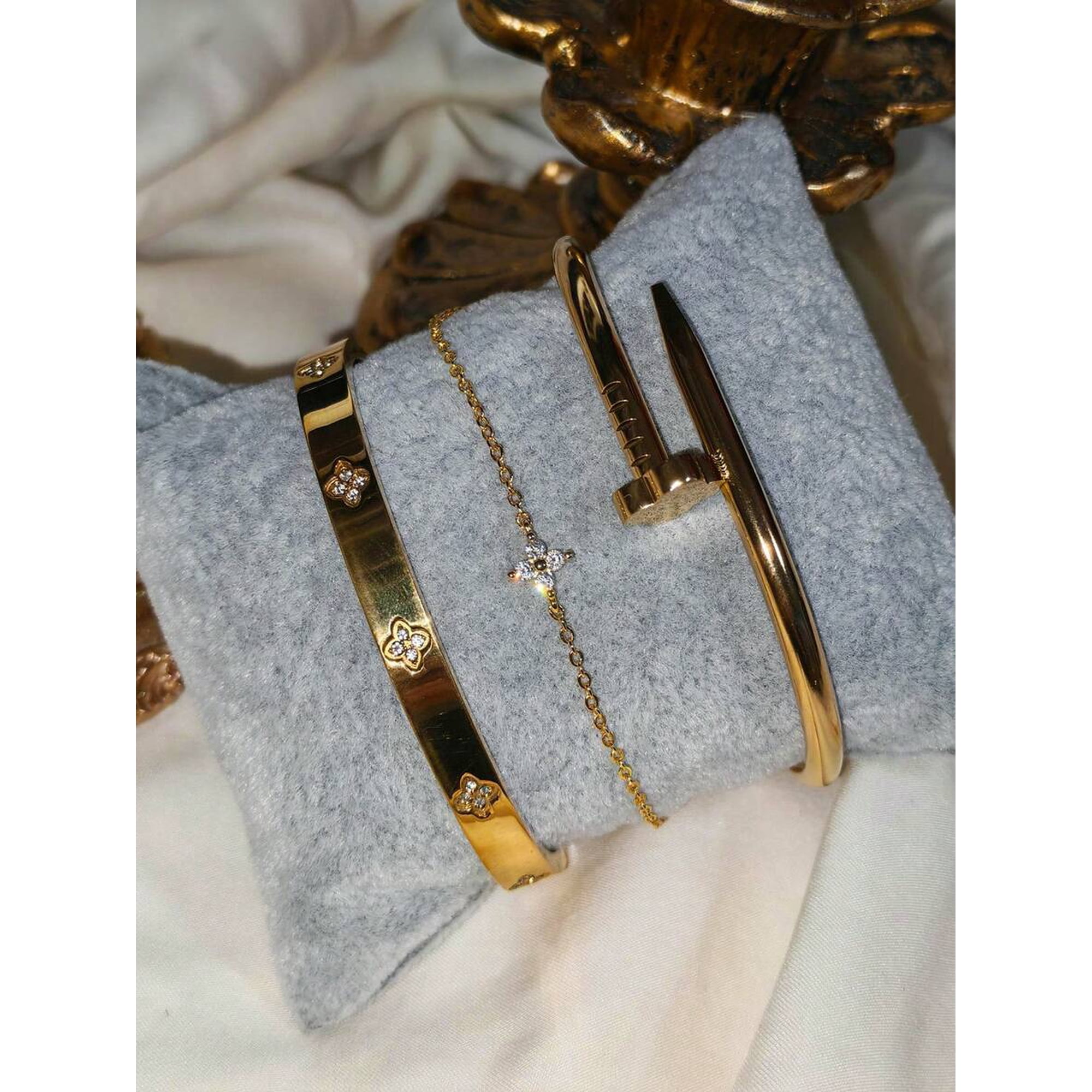 Gold-2 Stainless Steel Rhinestone Clover & Nail Bangle Bracelet Set Of 4