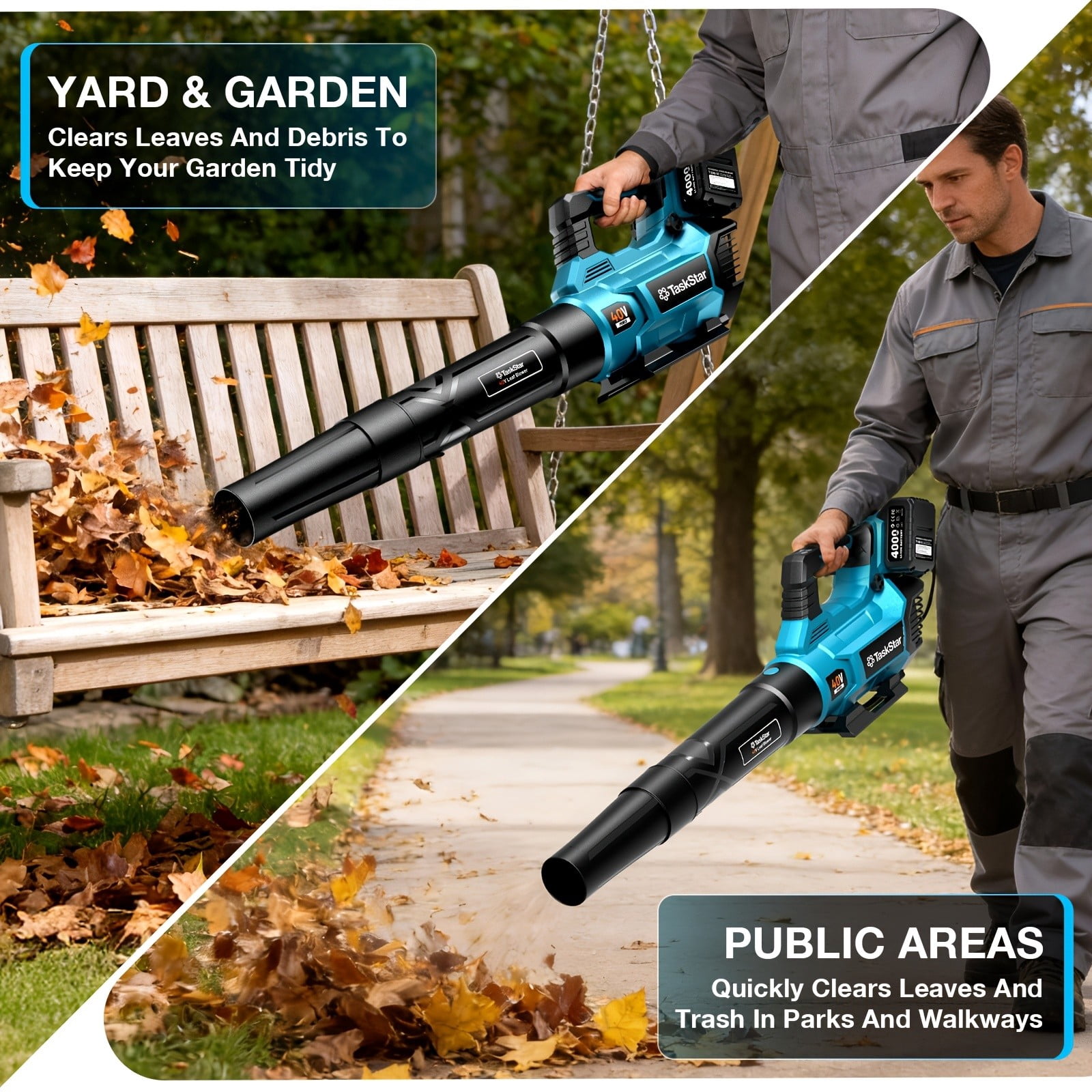 Taskstar 40V Cordless Leaf Blower,600CFM/160MPH ,2*4000 mAh Batterie,  Electric Blower for Lawn Care/Debris/Dust
