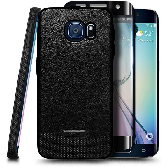 Nagebee Case for Samsung Galaxy S6 Edge with Screen Protector (Soft 3D Full Coverage), Premium PU Leather Ultra Thin Slim Fit Soft Flexible Non-Slip Grip Shockproof Anti-Scratch Cover Case (Black)