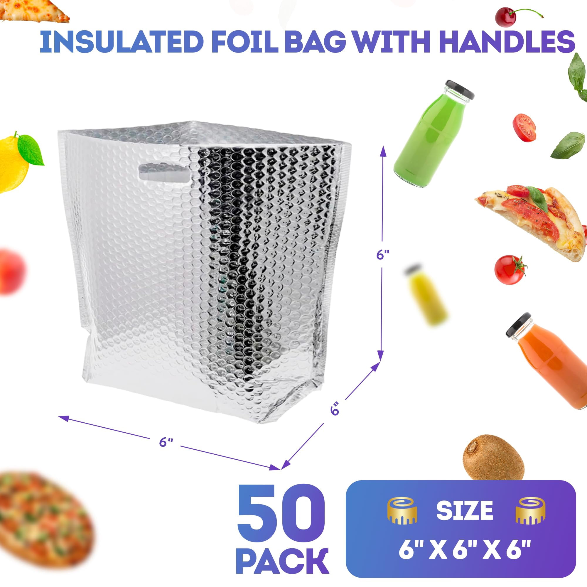 Insulated Foil Bags with Handles, Thermal Box Liners with Bubble Cushion, 50 Count, 6 x 6 x 6 in