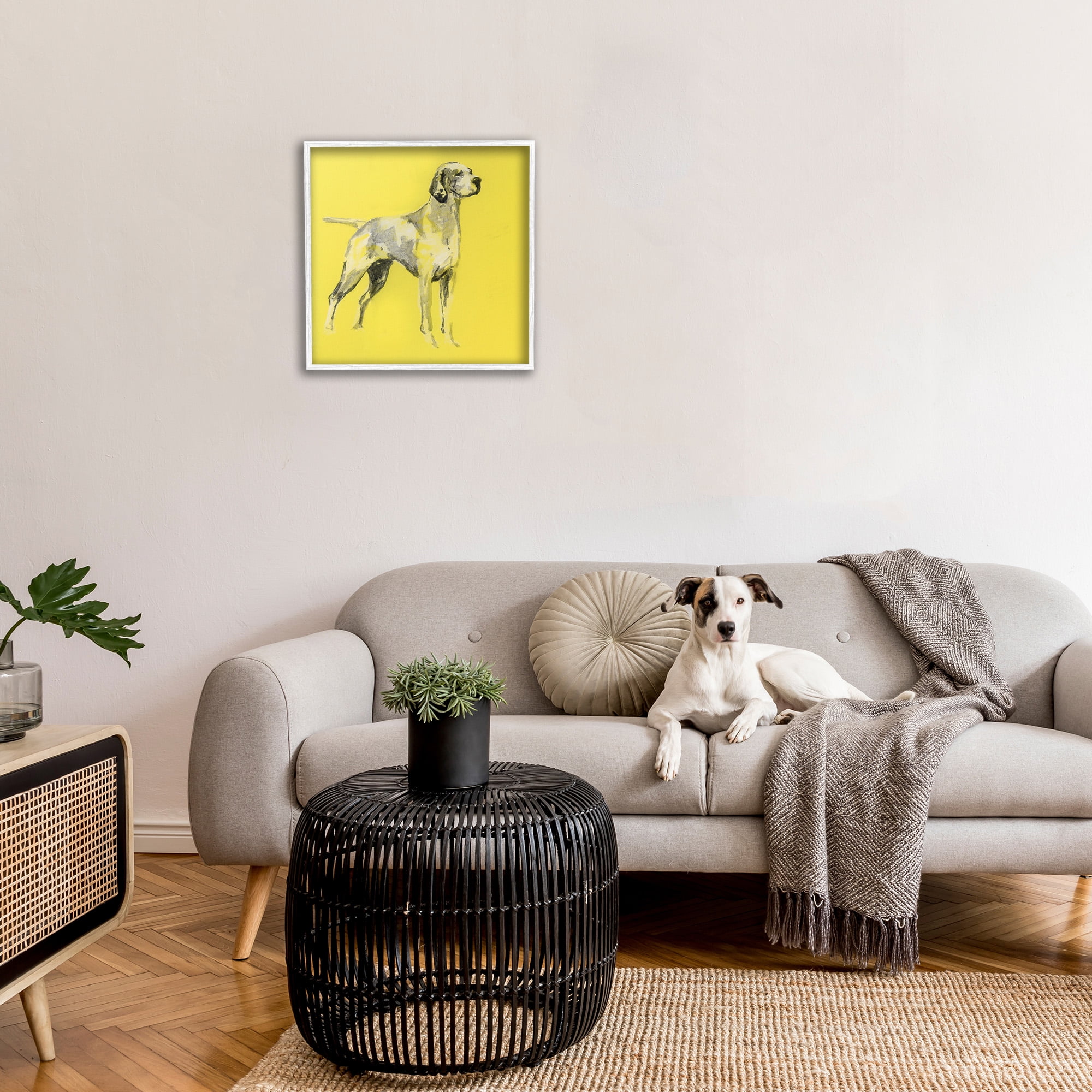 Stupell Industries Modern Dog on Yellow Animals & Insects Painting White Framed Art Print Wall Art, 24 x 24