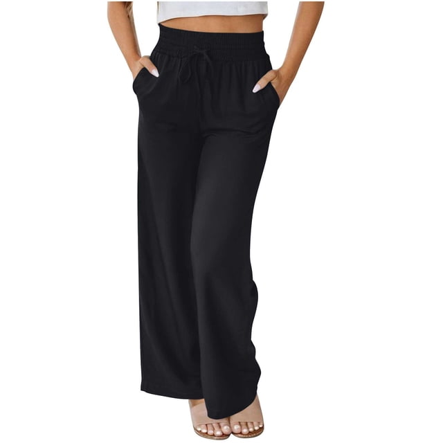 Summer Clearance 2025! Womens Plus Size Pants,Spring Summer Fashion Solid Color Pockets Outwear Wide Leg Drawstring Long Pants Trousers For Women