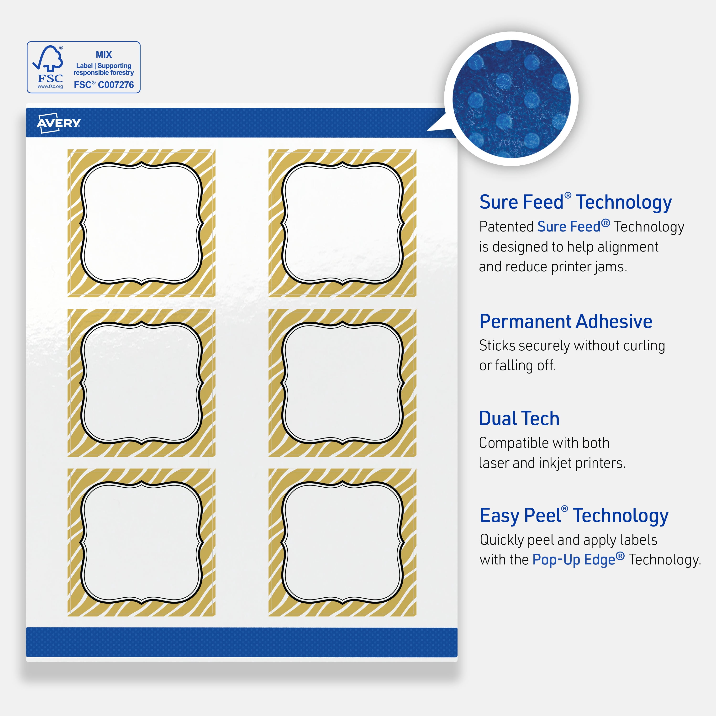 Avery Square Labels, 3" x 3", Gold Zebra Pattern Design, Glossy