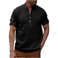 thumbnail image 3 of UVEASISHA Men's Henley Shirts Summer Linen Roll Up Short Sleeve Tshirt Regular Fit Casual Button V Neck T-Shirts Solid Color Beach Shirt Black L, 3 of 10
