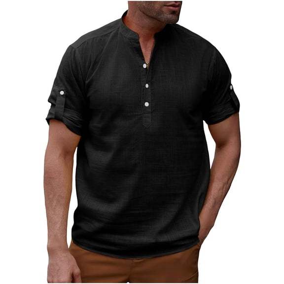 Mens Cotton Linen Summer Tops, Short Sleeve Shirts for Men Lightweight Casual Vintage Solid Color Notch V Neck T-Shirts with Buttons