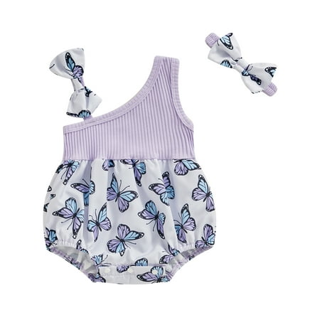 

Mevireiy Baby Girls Sleeveless Romper Floral Print Ribbed Knit Patchwork Onesie Bodysuit Purple 0-3 Months