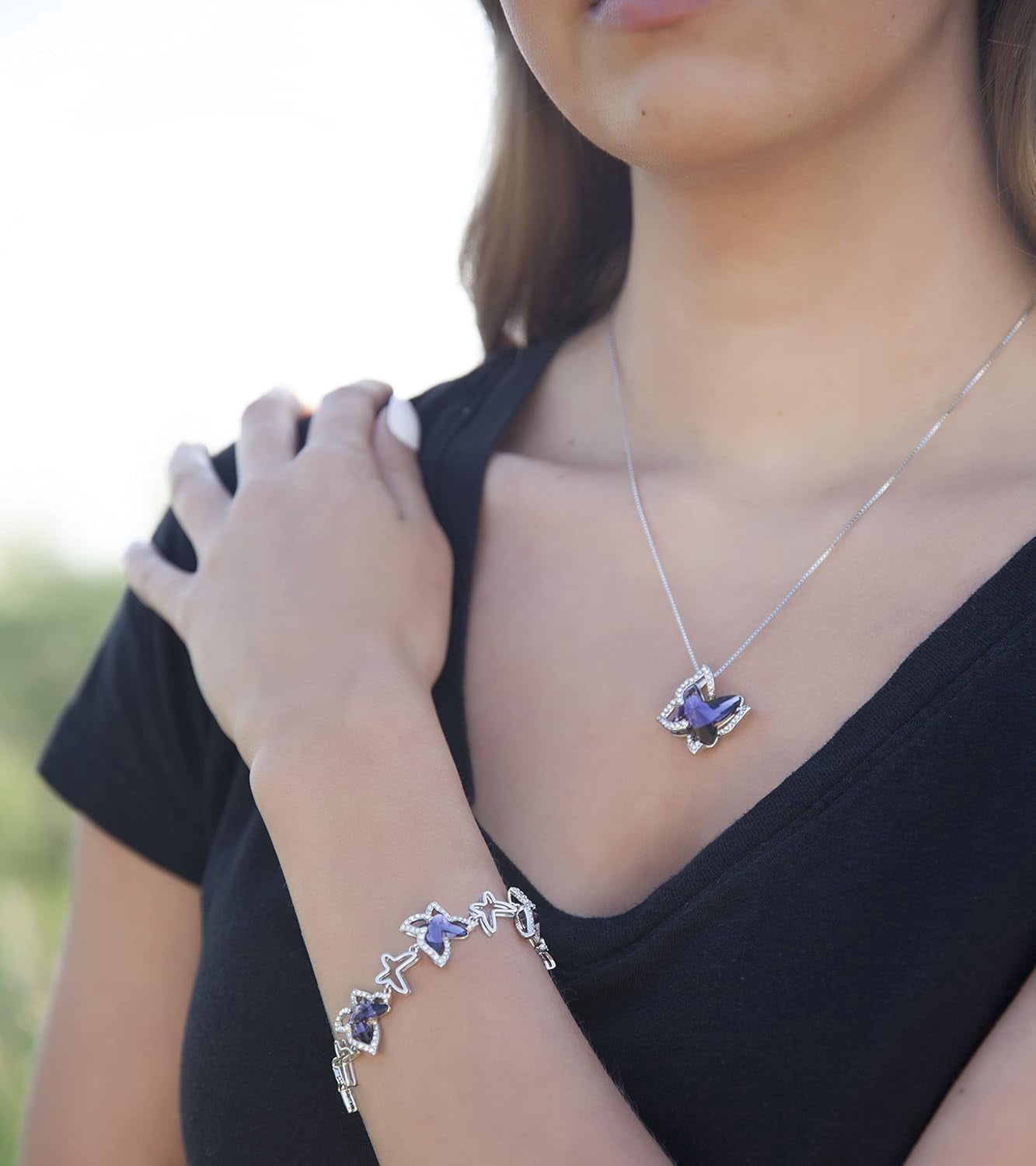 Leander Gift Butterfly Birthstone Crystal Necklace, Silver Tone with 18u201d+2u201d Chain, Necklace for Motheru2019s Day Anniversary Birthday Gifts for Women and Daughter