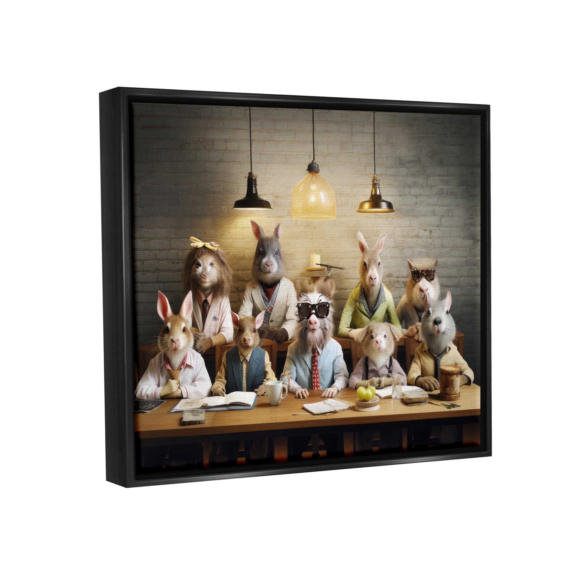 Stupell Industries Wild Animals at Table Animals & Insects Painting Black Floater Framed Canvas Art Print Wall Art, 21 x 17