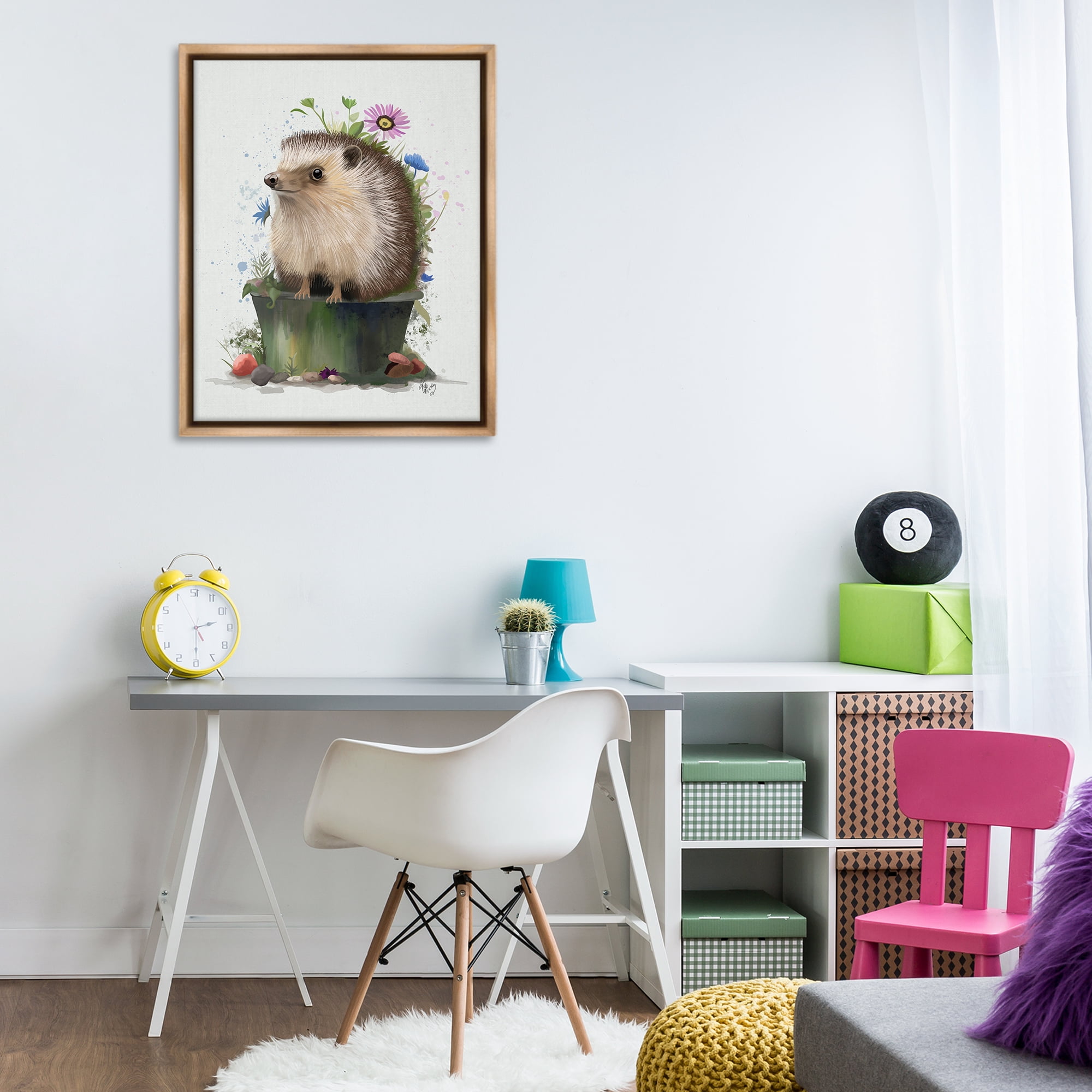 Stupell Industries Hedgehog in Gardening Pot Animals & Insects Painting Brown Floater Framed Canvas Art Print Wall Art, 25 x 31