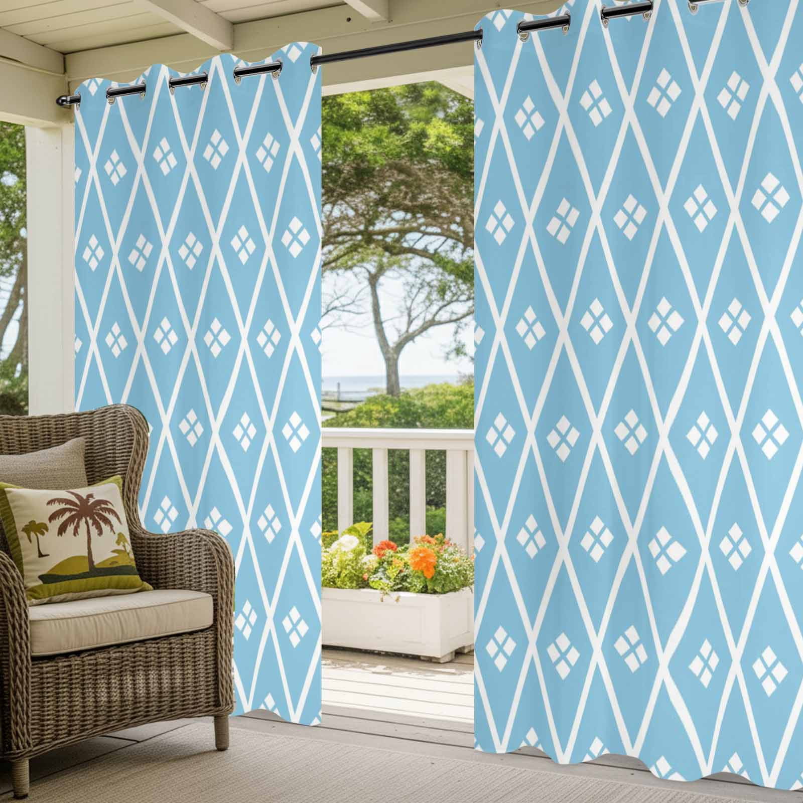Blue and White Geometric Outdoor Curtains for Patio, Minimalist Argyle Checkered Modern Sunshade Privacy Drapes Grommet Waterproof Outside Curtains for Porch/Cabana/Balcony 54"x 108", 2 Panel