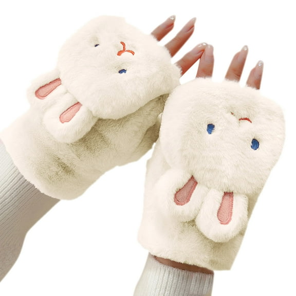 Generic Women Winter Faux Fur Flip Cover Mittens Warm Soft Half Finger Fingerless Gloves Women Cute Half Finger Gloves Flip Top Convertible Mittens Plush Faux Fur Mitts