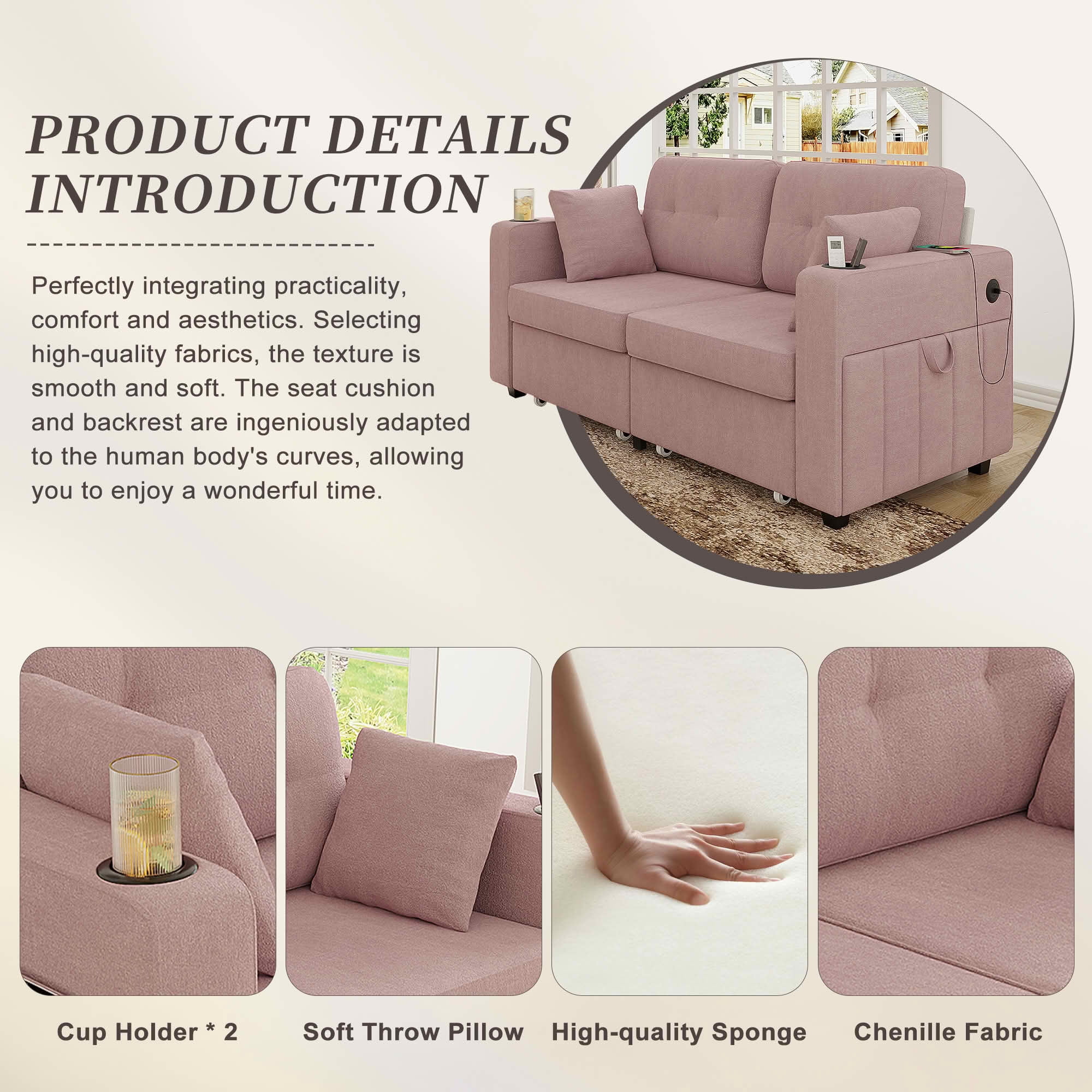 MAYEERTY Modern 3-Seat Chenille Sofa, Wood Frame Sectional Couch with USB Charging, Cup Holder & Storage Function for Home Small Space Living Room