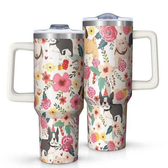 OBREWU Dogs with Flowers Tumbler with Handle and Lid,Dogs with Flowers 40oz Double Wall Vacuum Insulated Tumbler,Cups Gift for Women and Men
