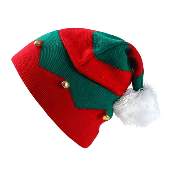 TELOLY 2026 New Baby Kids Christmas Knitted Elf Hat with Small Bells Contrast Color Wavy Stripes Crochet Pompom Santa Cap for Party, Holiday, Celebration Party Supplies