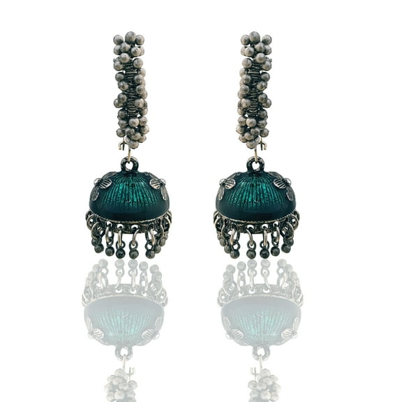 Moonstruck Ethnic Oxidised Meenakari Alloy Jhumkas with White Pearls for Women (Green)