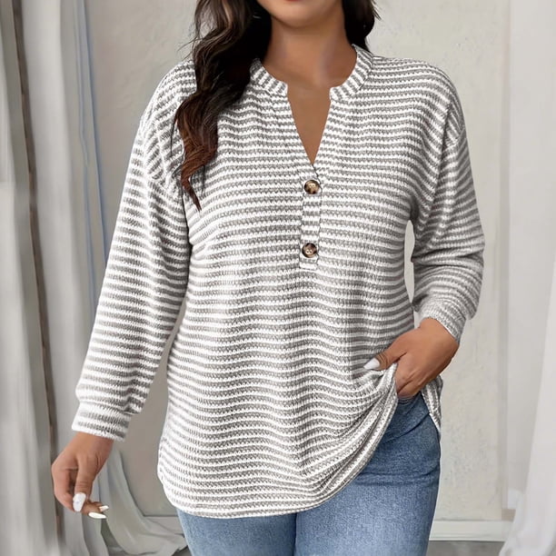 TaTaai Women Striped Long Sleeve Button V Neck Pullover Casual Fashion Top Ladies Spring Autumn Daily Commute Street Wear Soft Comfortable No Fading Machine Washable Blouse Gift