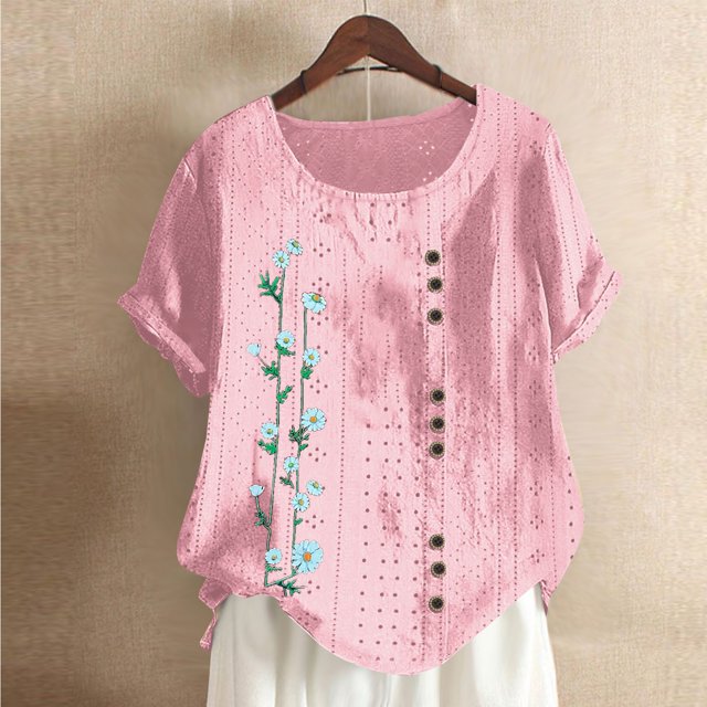Blouses pour Femmes, Mode Féminine Imprimée Confortable Ample Manches Courtes Blouse Boutonnée Col Rond Décontracté