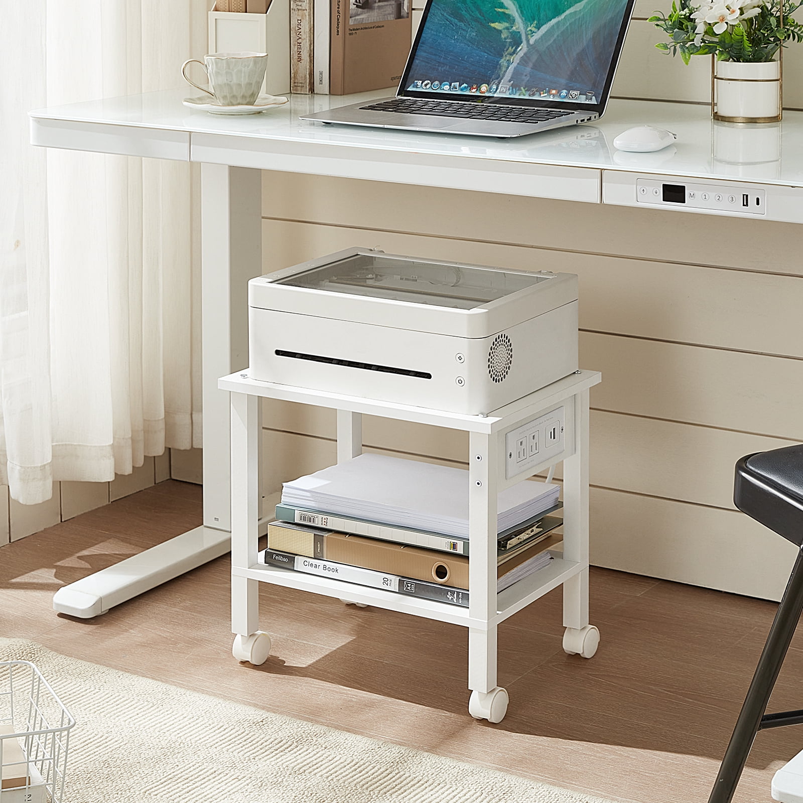 Leyaoyao Printer Stand with Charging Station, 2 Tier Rolling Printer Cart with Wheels, Under Desk Printer Stand for Office, Home