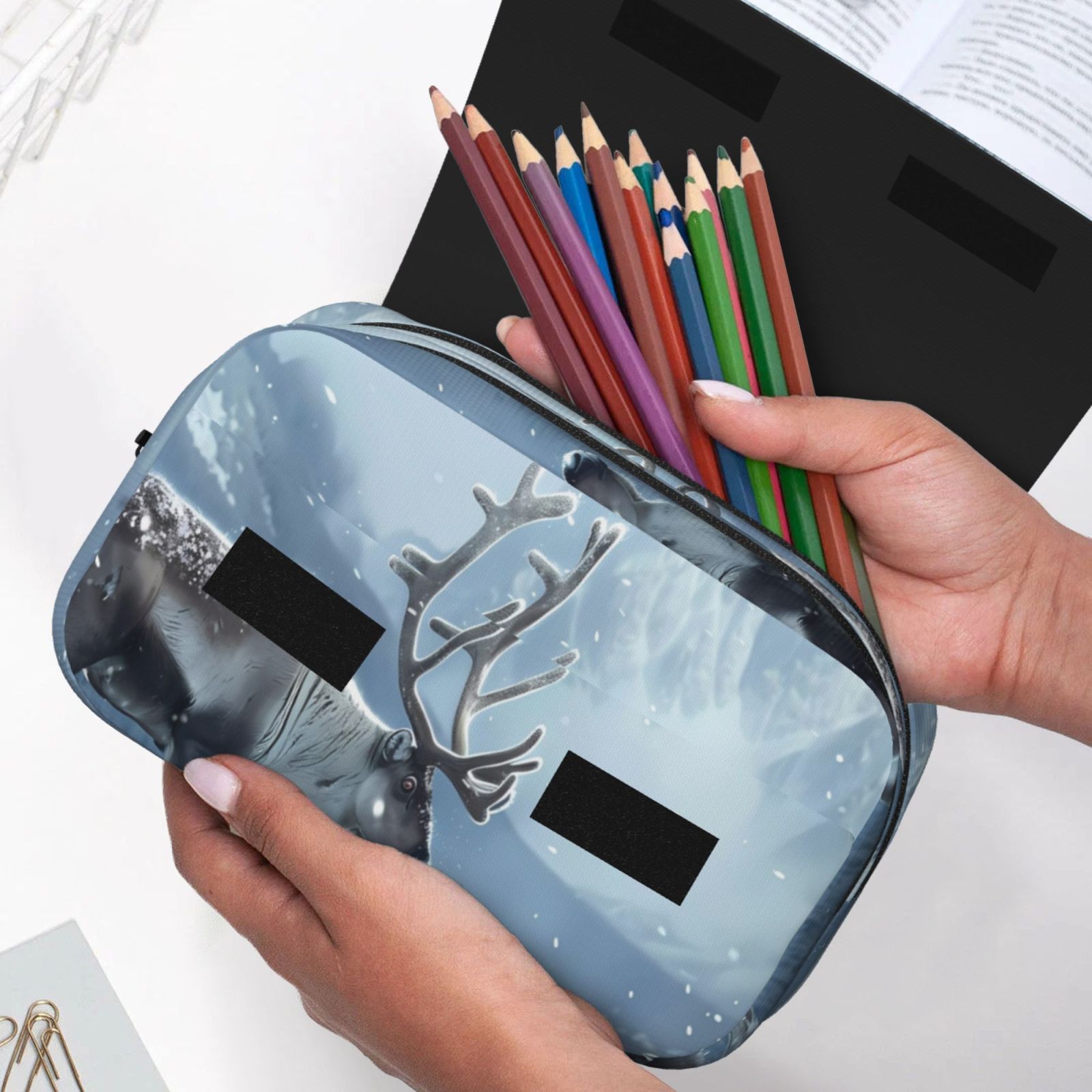 Rateoe Winter Reindeer In Snowy Mountains Pattern Double Clamshell Pen Case, Storage Organizer with Two Zipper Compartments– Holds Up to 50 Pencils & Pens