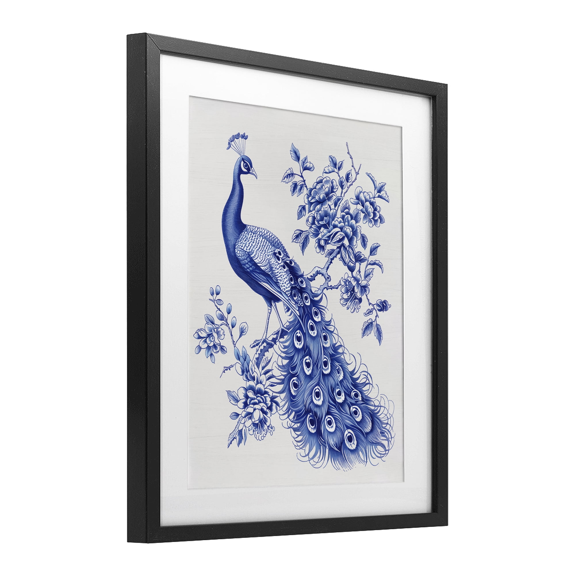 Vintage Peacock in Toile Style Black Framed Print Under Glass, design by Lettered and Lined