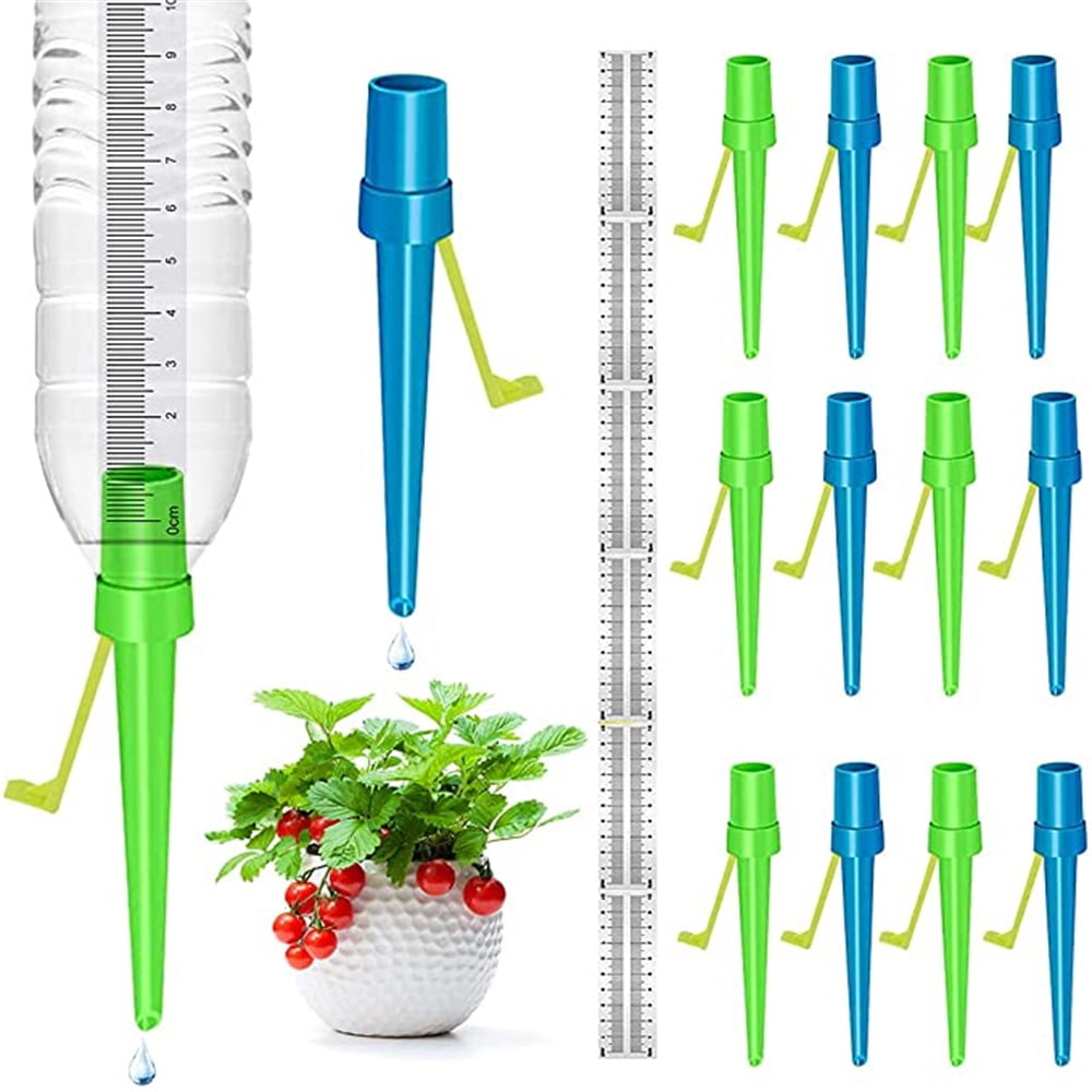 Kepooman Adjustable Plant Watering Spikes 12 Packs Self Watering Spikes with Anti-Tilt Bracket for Garden Plants Indoor & Outdoor, Blue & Green