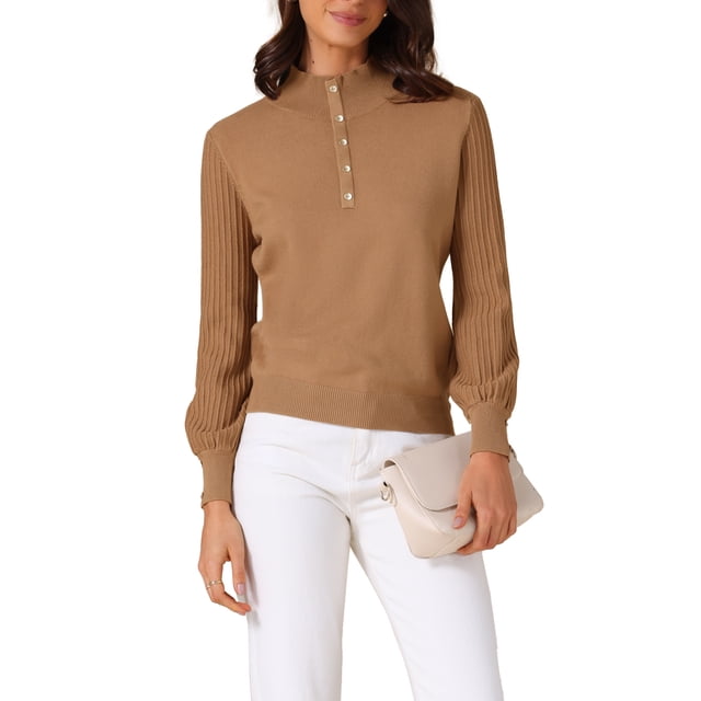 INSPIRAR CHIC Blusa de Suéter Básica de Manga Larga con Cuello de Tortuga y Botones para Mujeres, Tendencia Otoño Invierno, Color Marrón