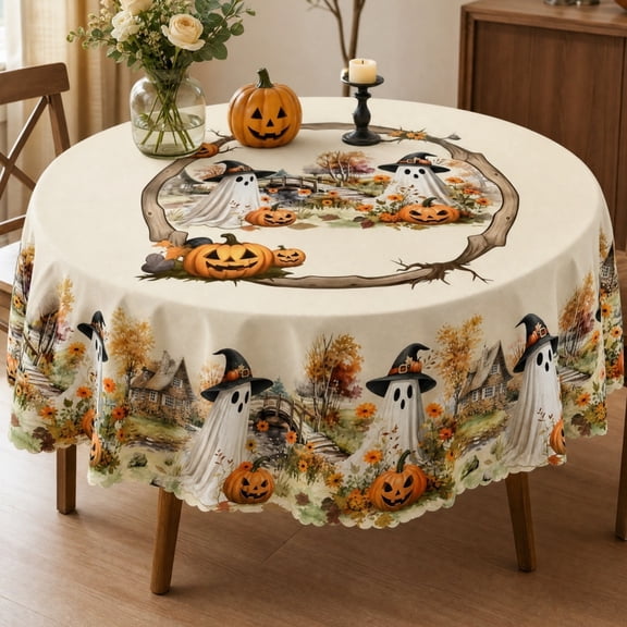 Tepsmf Vintage Fall Halloween Round Tablecloth 59.8IN Farmhouse Pumpkin Ghost Cover for Kitchen Dining