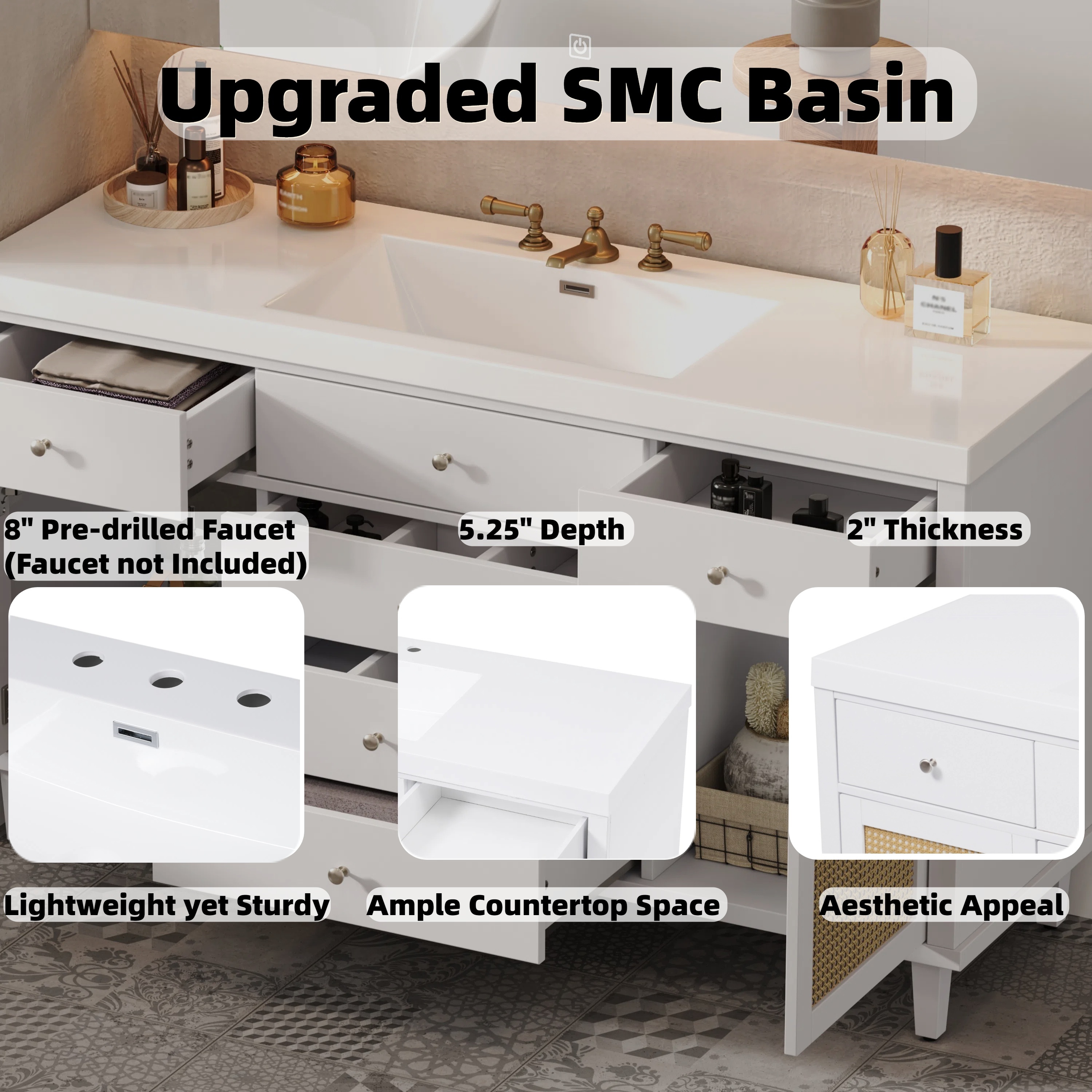 Euroco 60" Bathroom Vanity with SMC Sink, Modern Large Storage Bathroom Storage Cabinet with Soft Close Drawers and Rattan Doors, Silver Metal Knobs and 5 Pine Legs, White