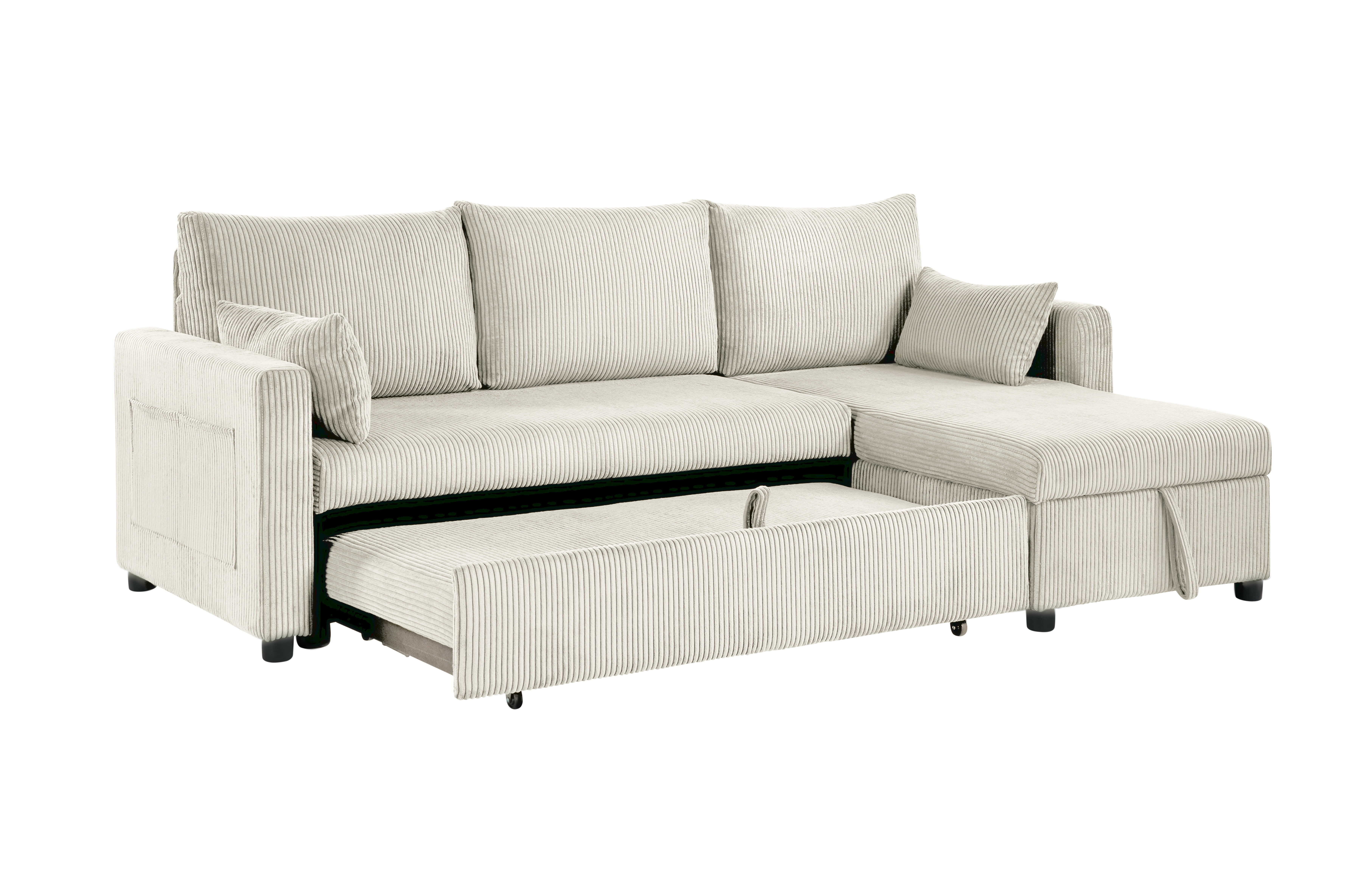 Gewnee 3-Seater Convertible Sofa,Pull Out Sleeper Sofa Bed with Storage Chaise,L-Shaped Corduroy Couch for Living Room,Apartment and Office.Beige