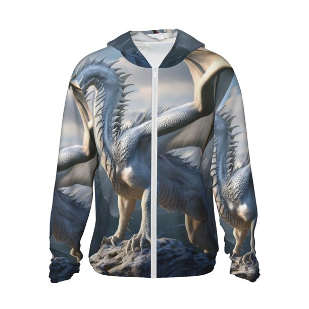 Balery Mountain White Dragon Sudadera ligera de manga larga con capucha y protección solar UPF 50+ para hombre y mujer, ideal para pesca y running-X-Large