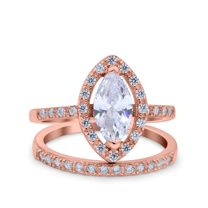 Rose Tone, Simulated Cubic Zirconia Size-7 Two Piece Halo Marquise Art Deco Wedding Engagement Bridal Ring 925 Sterling Silver