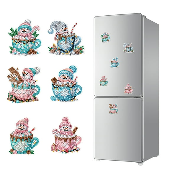 6pcs Diamond Painting Kit Fridge Magnets DIY Snowman Glitter Magnetic Stickers Creative Fridge Decor for Kitchen and Holiday Gifts