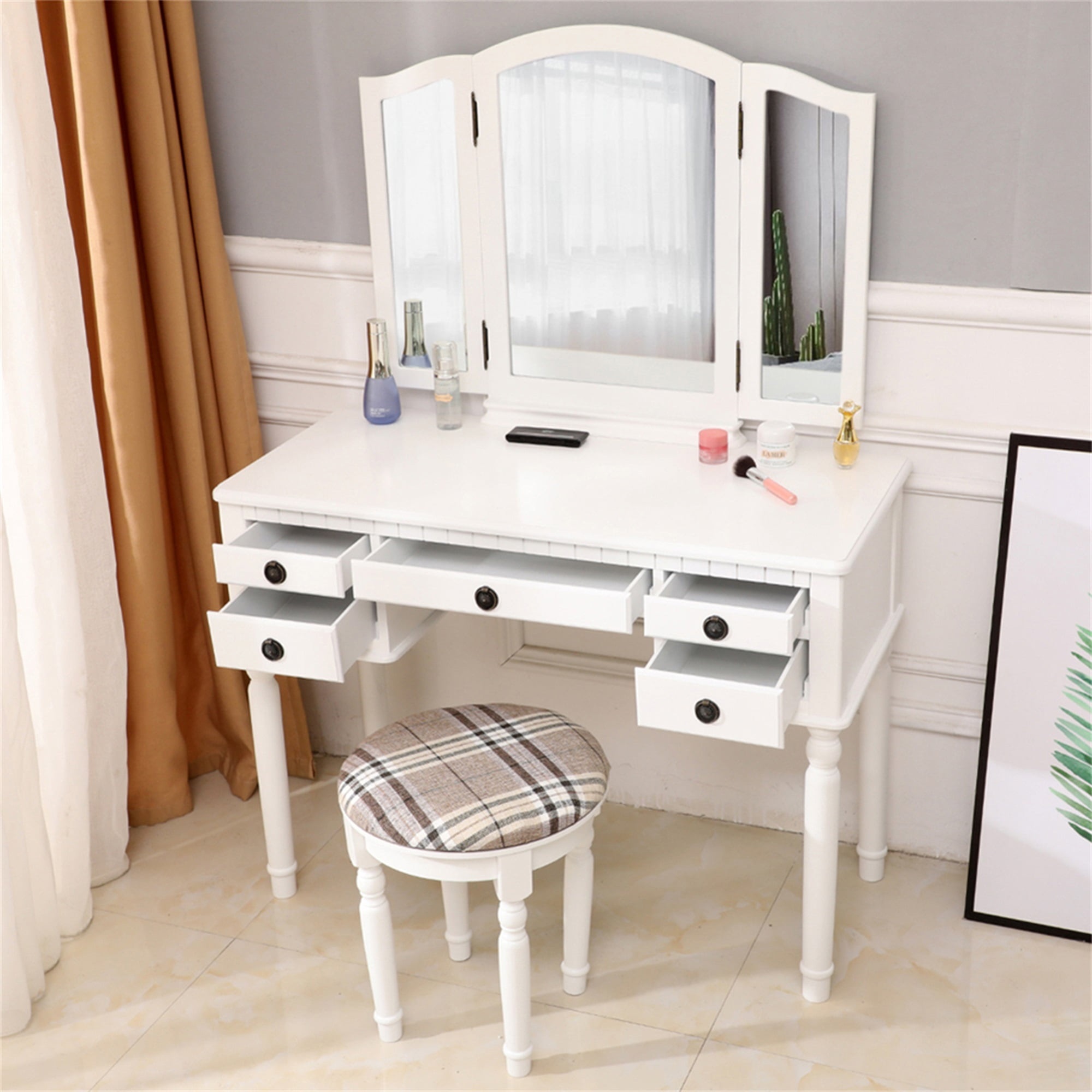 Kadyn Vanity Table and Chair Set, Vanity Set with Mirror and Stool with 3 Drawer, White
