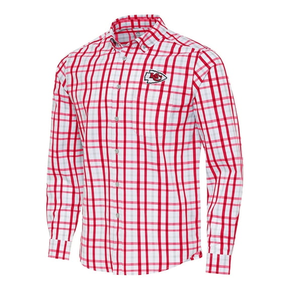 Men's Antigua Red/Gray Kansas City Chiefs Tending Woven Tri-Blend Long Sleeve Button-Down Shirt