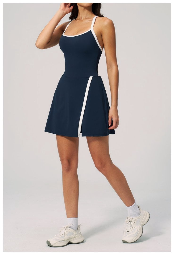 PISONIC Womens Workout Athletic Mini Dress with Built-in Shorts Sleeveless Cutout Tennis Dress