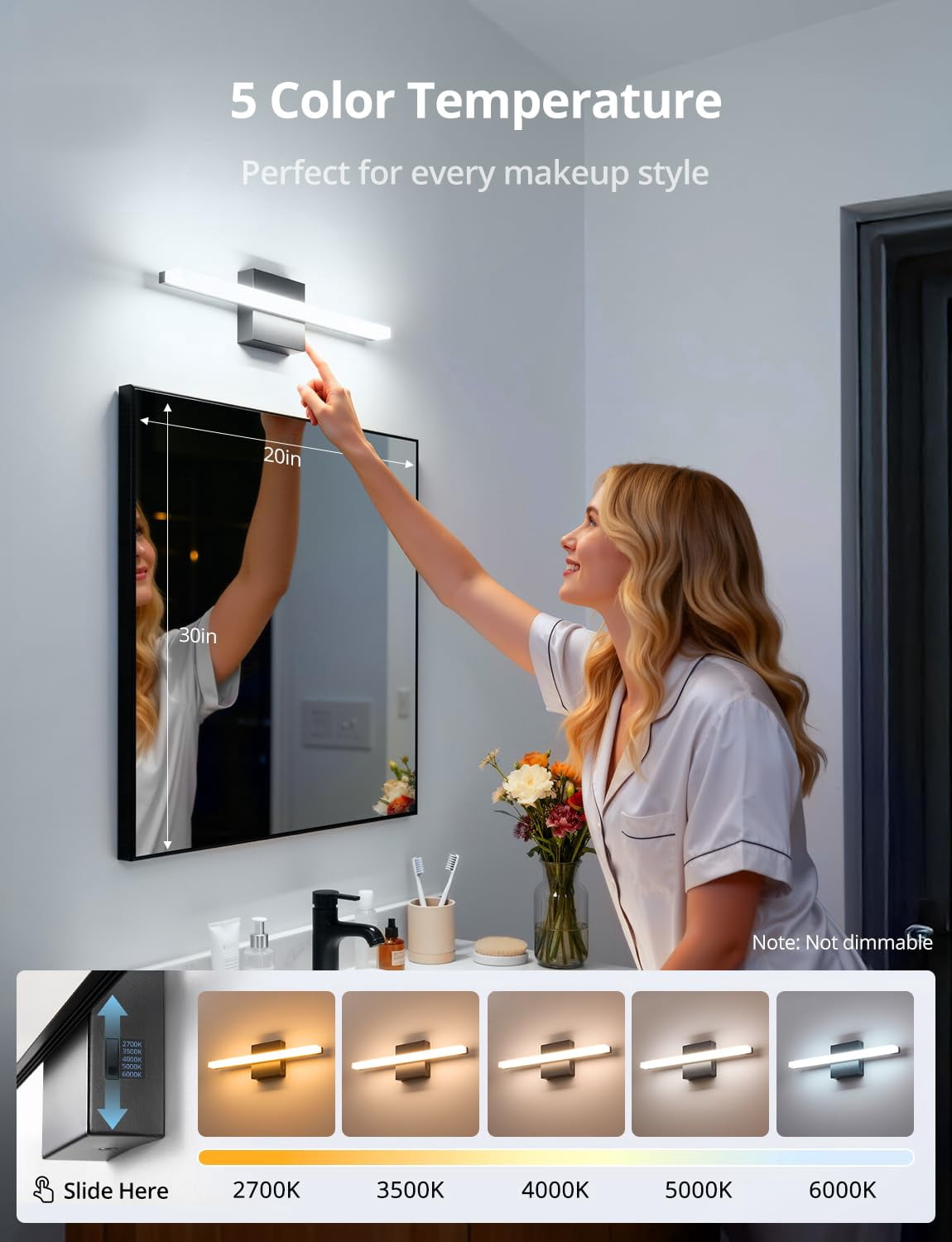 Modern Bathroom Light Fixtures Above Mirror Small Vanity Lighting Bar 16inch  5 Color Adjustable Black Simple Slim Led Wall Sconce Ip44 Rustproof Bright 10w 880lm For Bath Restroom Makeup