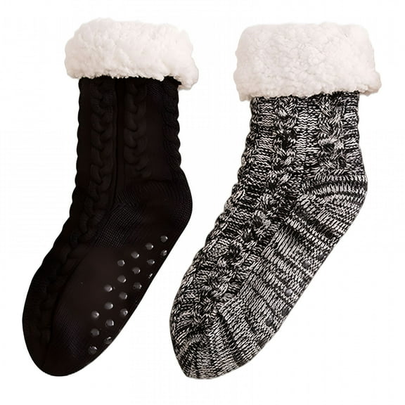 OQRKI Men's 2 Pair Pack Slipper Socks with Grips Non Slip Soft Fuzzy Cozy Fleece Lined Cable Knit Socks for Cold Winter