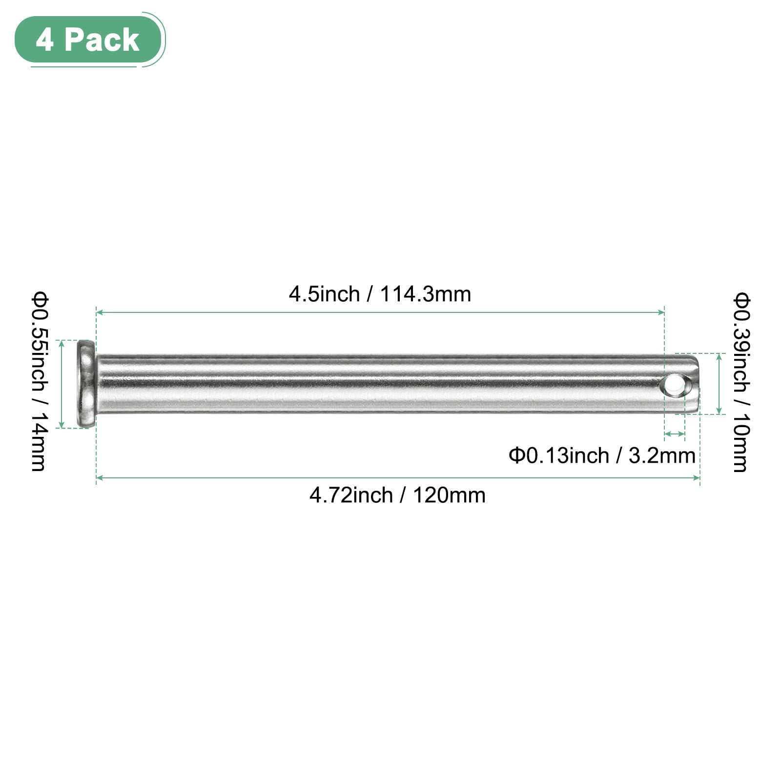 Uxcell 4-Pack Single Hole Clevis Pins, M10 x 120mm 304 Stainless Steel Flat Head Clevis Pins Link Hinge Pin Reusable