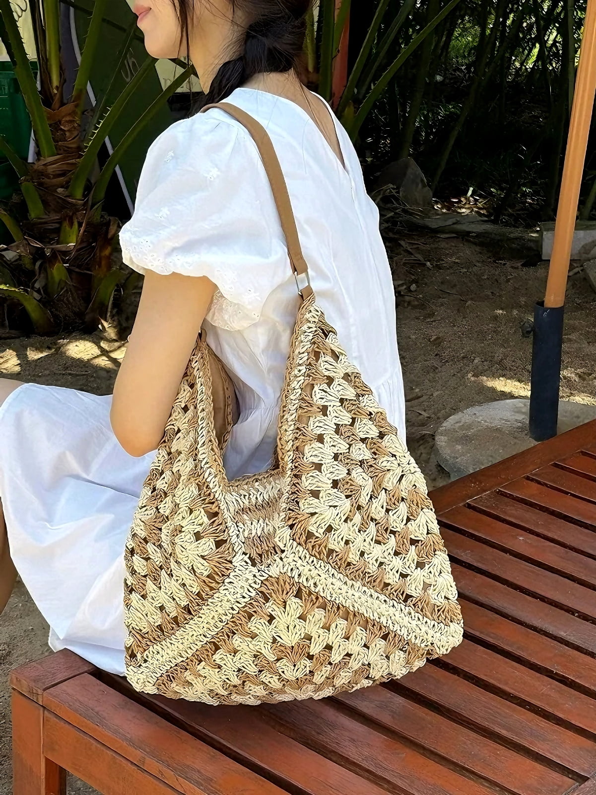 Women Straw Bags Summer Beach Bag Woven Tote Shoulder Bag Lightweight Hobo Handbag(Brown)